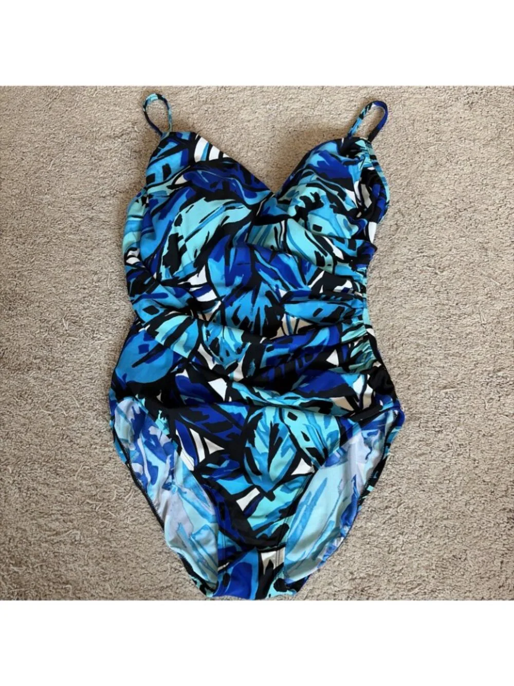 Aqua Green Faux Wrap One Piece Swimsuit Women's L Blue Leaf Print Resort Beach